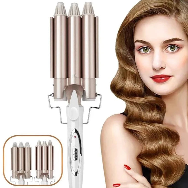 Lockenstab Deluxe: 3 Rohre für Wellen und Locken – Pro Haarstyler mit einstellbarer Temperatur, Schnellheizung