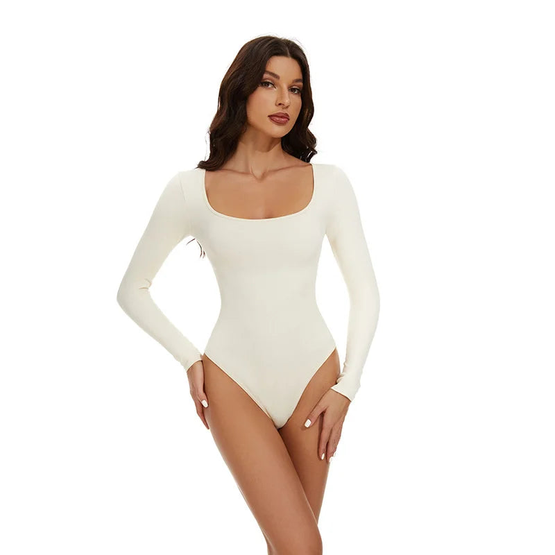 Bauchweg Seamless Shapewear-Bodysuit mit Square Neck und Langarm: Eleganter, Figurformender Komfort für Jeden Anlass