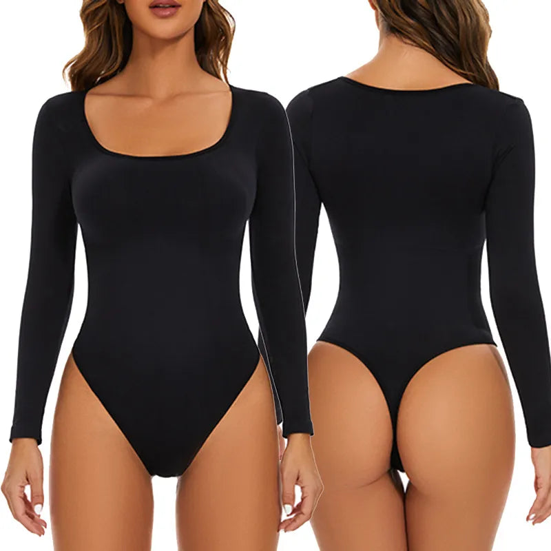 Bauchweg Seamless Shapewear-Bodysuit mit Square Neck und Langarm: Eleganter, Figurformender Komfort für Jeden Anlass